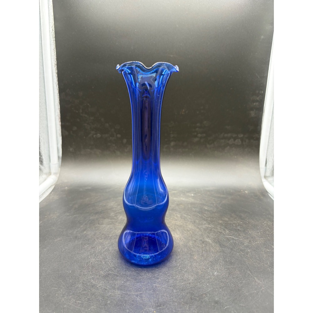 Vintage Cobalt Blue Swung Glass Bud Vase Ruffled Scalloped Rim 8.5 Inch